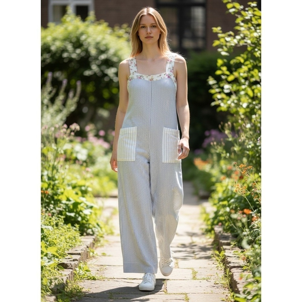 Madewell x The New Denim Project Striped Wide Leg Overalls Blue White XXS - Picture 9 of 10